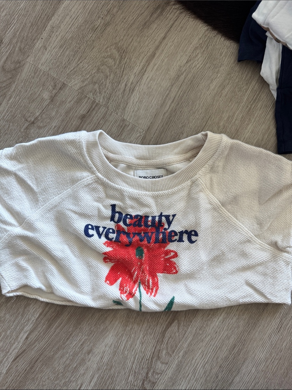 Bobo Choses Cream Crewneck with Red Floral and Navy Text